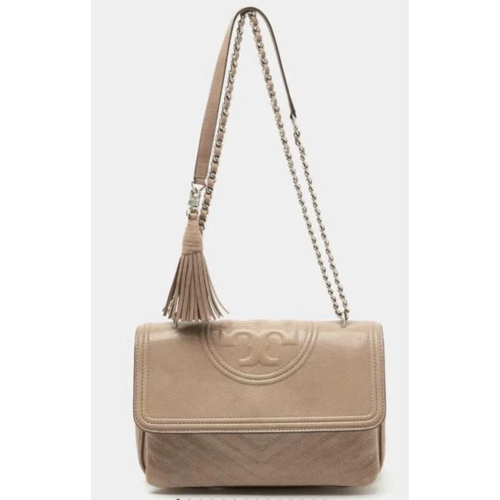 Tory Burch Fleming Distressed Flap, Tassel Shoulder Crossbody Bag Taupe 458$
